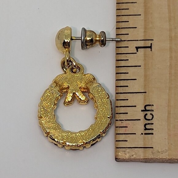 Gold-Tone Christmas Wreath Post Earrings With Red & Green Rhinestones - Picture 2 of 2